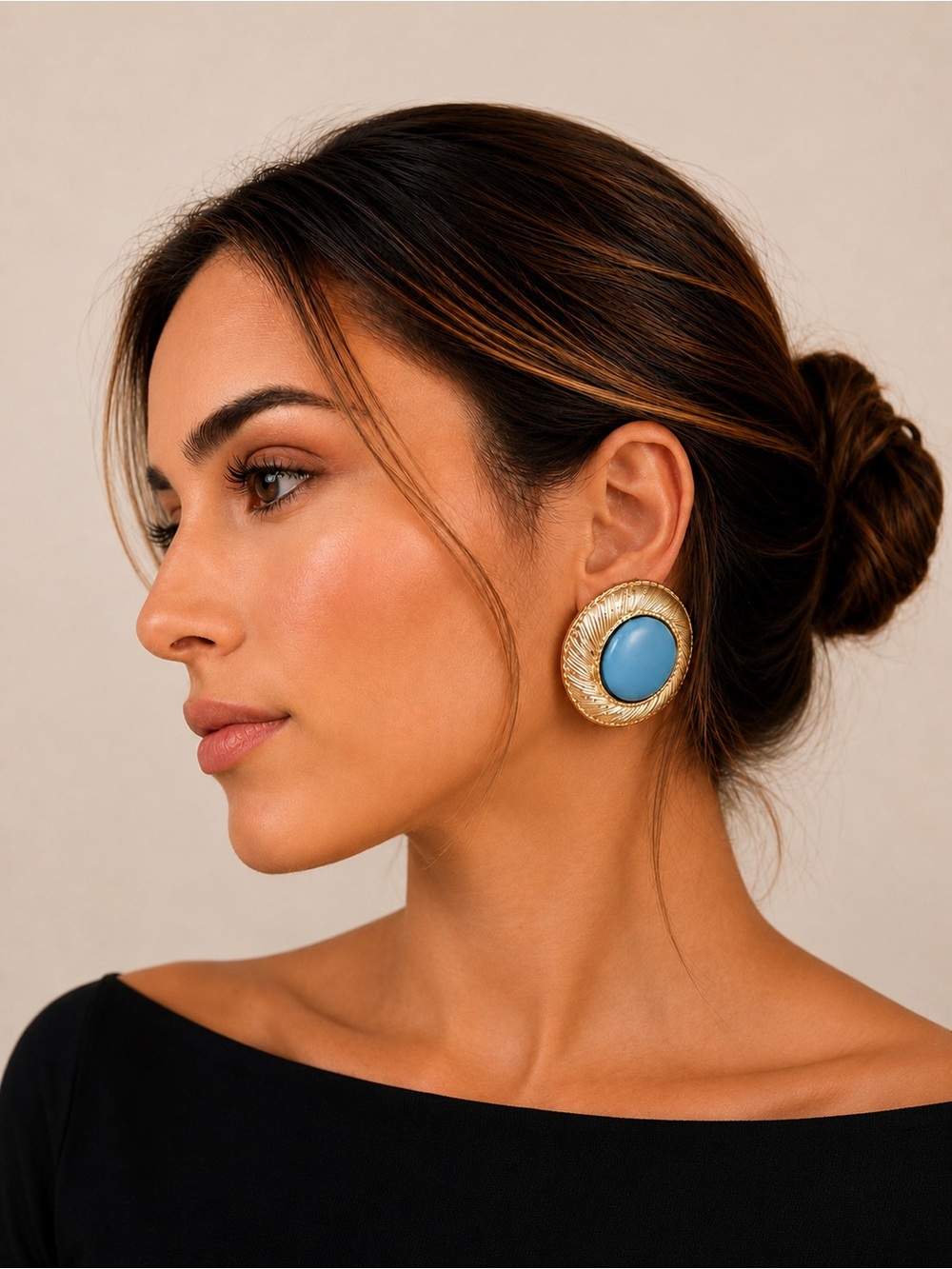 Vintage Hedge Gold Tone Blue Cabochon Statement Earrings Large